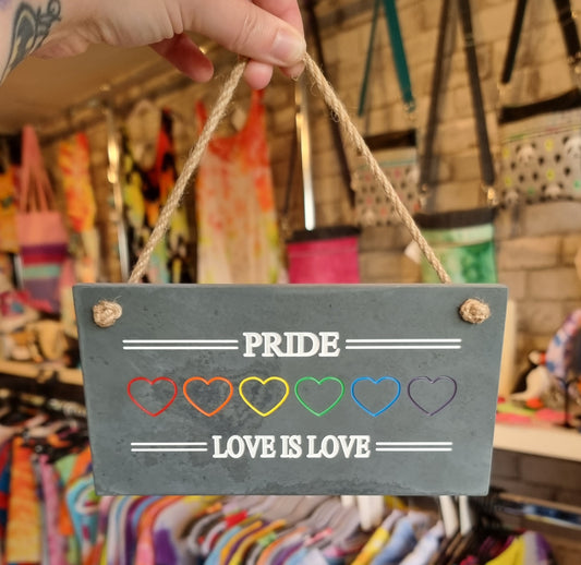 "Love is Love" Rainbow Heart Slate Hanging Sign