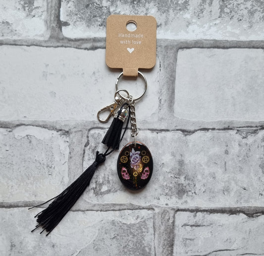 Steampunk Oval Resin Keyring with Black Tassel and Bag Clip