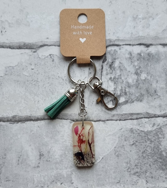Rectangle Beachy Resin Keyring with Small Green Tassel and Bag Clip