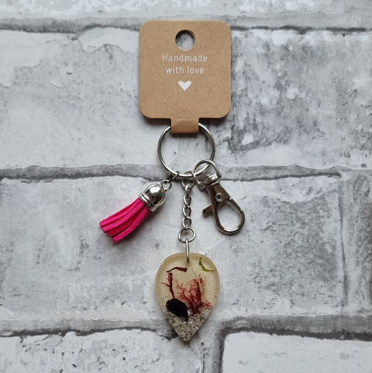 Teardrop Beachy Resin Keyring with Small Pink Tassel and Bag Clip