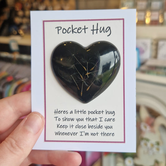 Black Dandelion Seed Heart Resin Pocket Hug