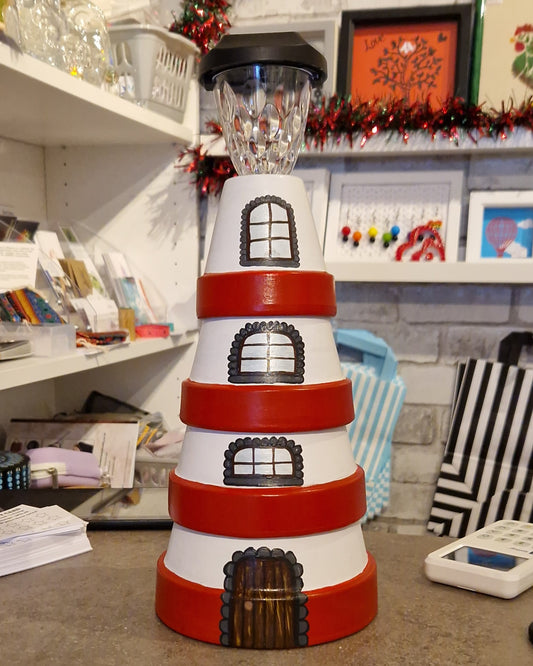 Red Plant Pot Lighthouse with Solar Light