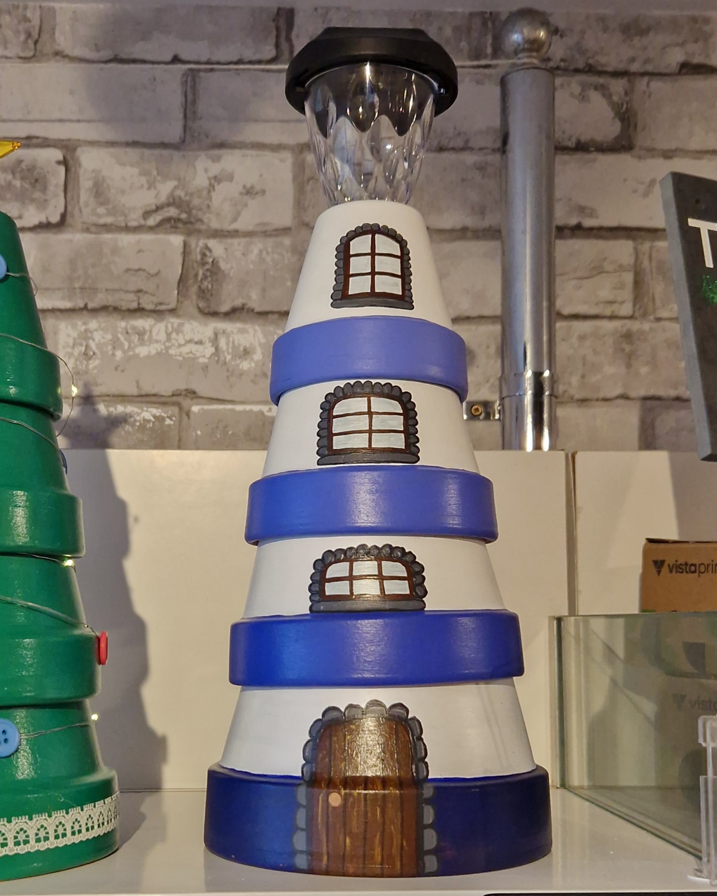 Blue Gradient Plant Pot Lighthouse with Solar Light