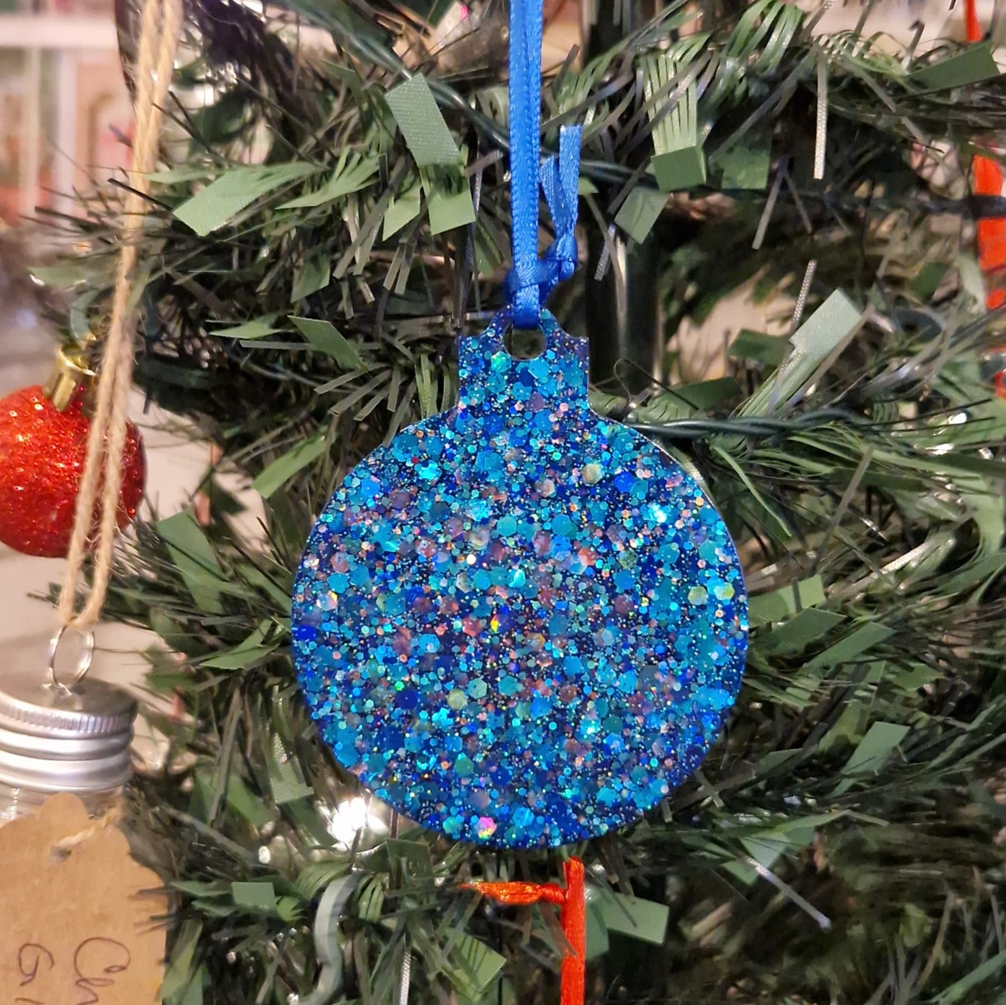 Royal Blue Glitter Resin Bauble with Blue Ribbon