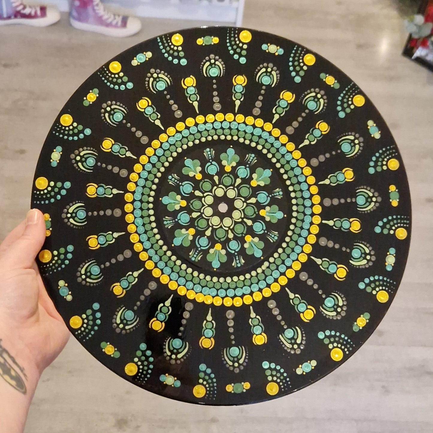 Greens & Gold Dot Painted Upcycled Vinyl Record