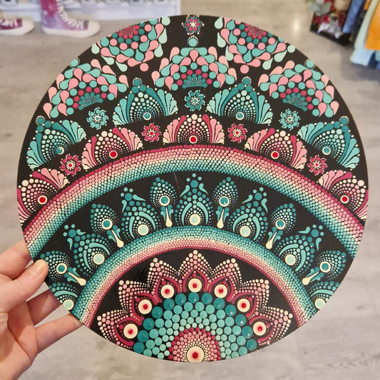 Pink & Turquoise Dot Painted 12 inch Wooden Disc