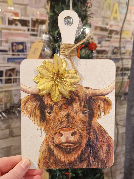 Highland Cow with Gold Poinsettia Decoupage Decorative Cheeseboard