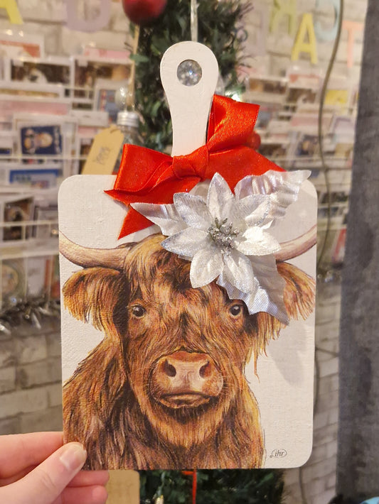 Highland Cow with Silver Poinsettia and Red Bow Decoupage Decorative Cheeseboard