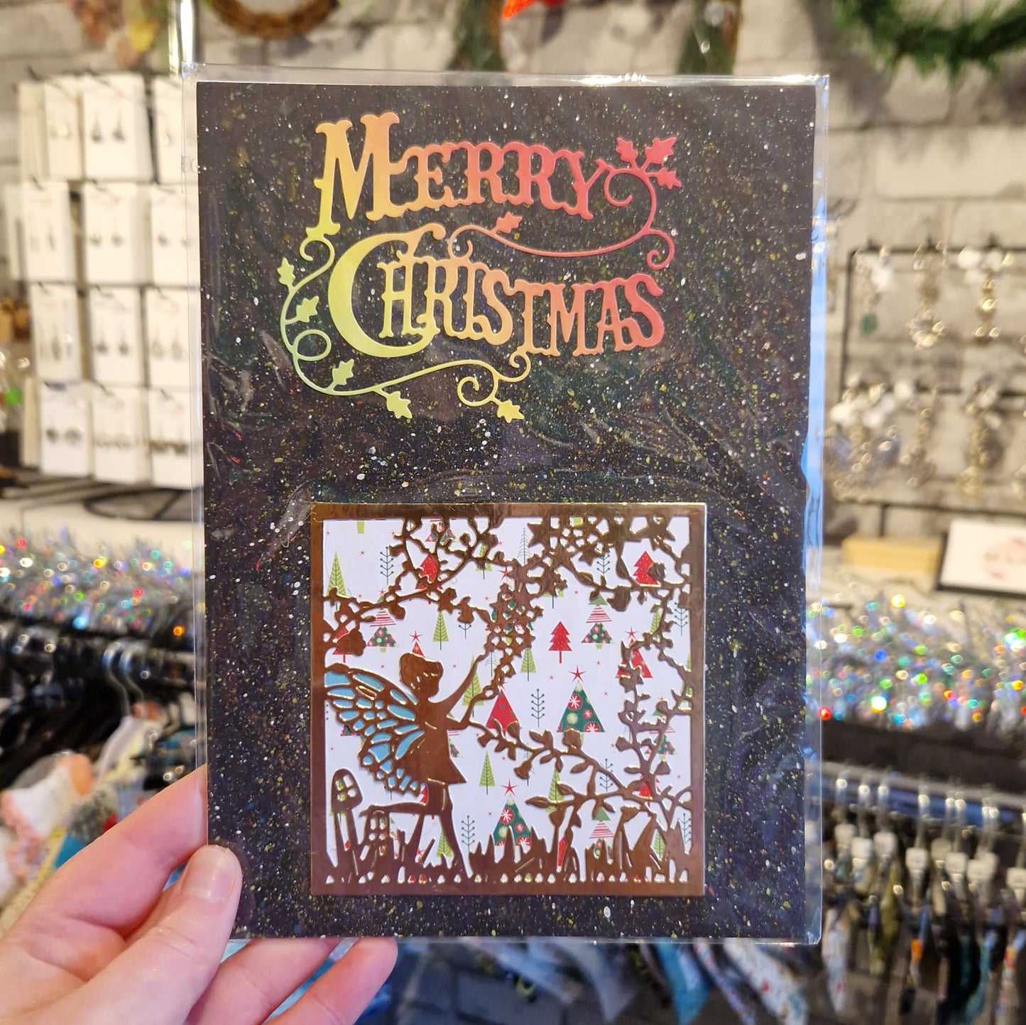 Black Glitter Gold Cutout "Merry Christmas" Fairy Christmas Card