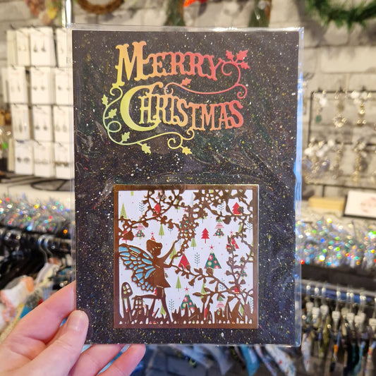 Black Glitter Gold Cutout "Merry Christmas" Fairy Christmas Card