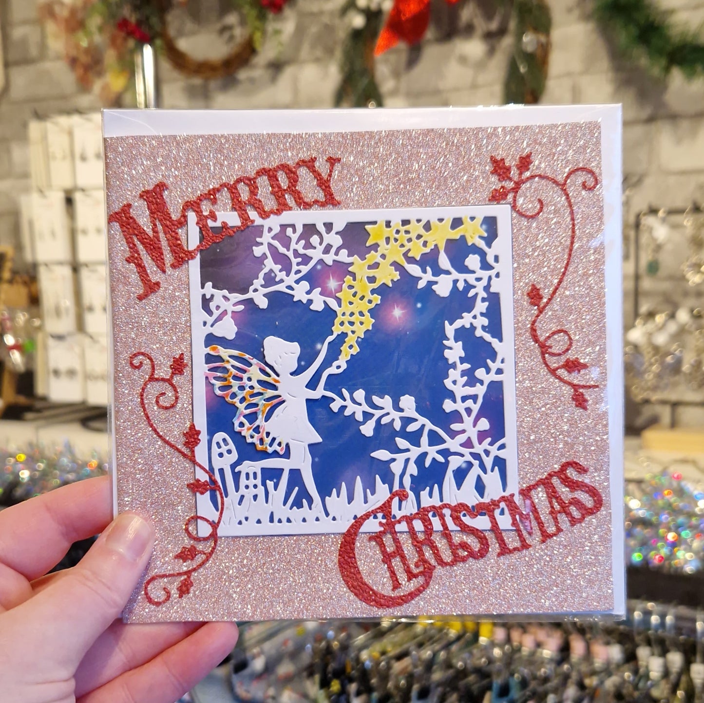 Pink Glitter "Merry Christmas" Fairy Christmas Card