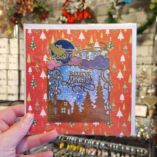 Red & Gold Cutout "Believe in the Magic" Christmas Card