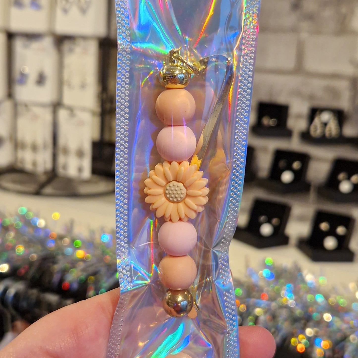 Peach & Pink Flower Beaded Gold Bookmark