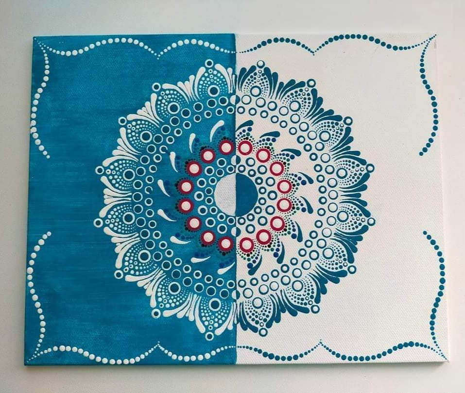 Turquoise & White Dot Painted Canvas - 10 x 8in