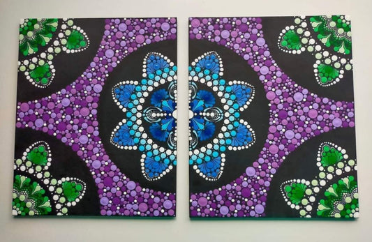 1 or 2 Blue, Green & Purple Dot Painted Canvases - 10 x 8in