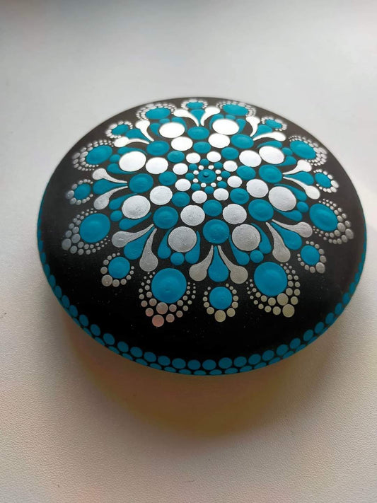 Large Turquoise & Silver Dot Painted Stone