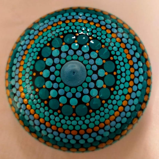 Small Turquoise & Orange Dot Painted Stone