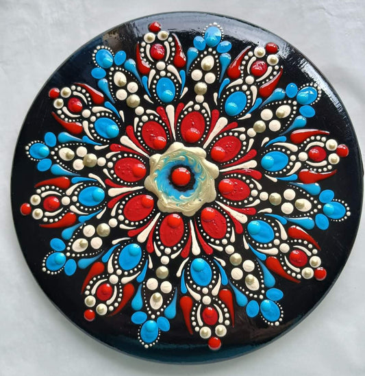 Red & Blue Dot Painted Disc - Approx 5.9 inches Diameter