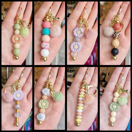 Gold Silicone Bead Keyrings with Pom Pom