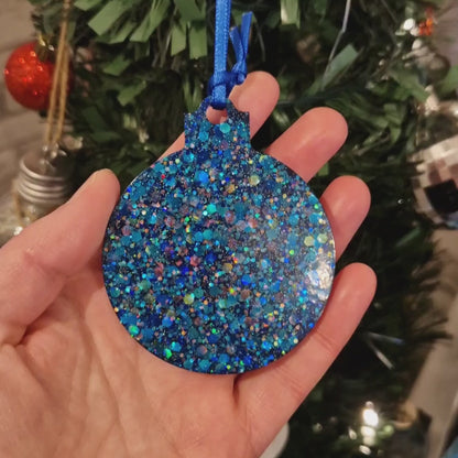 Royal Blue Glitter Resin Bauble with Blue Ribbon