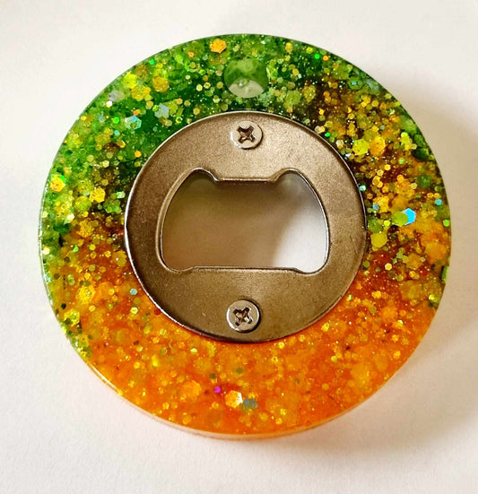 Round Green & Orange Glitter Resin Bottle Opener