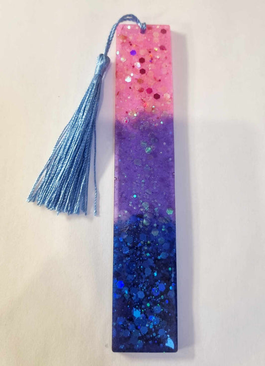 Pink, Purple and Blue Glitter Resin Bookmark with Blue Tassel