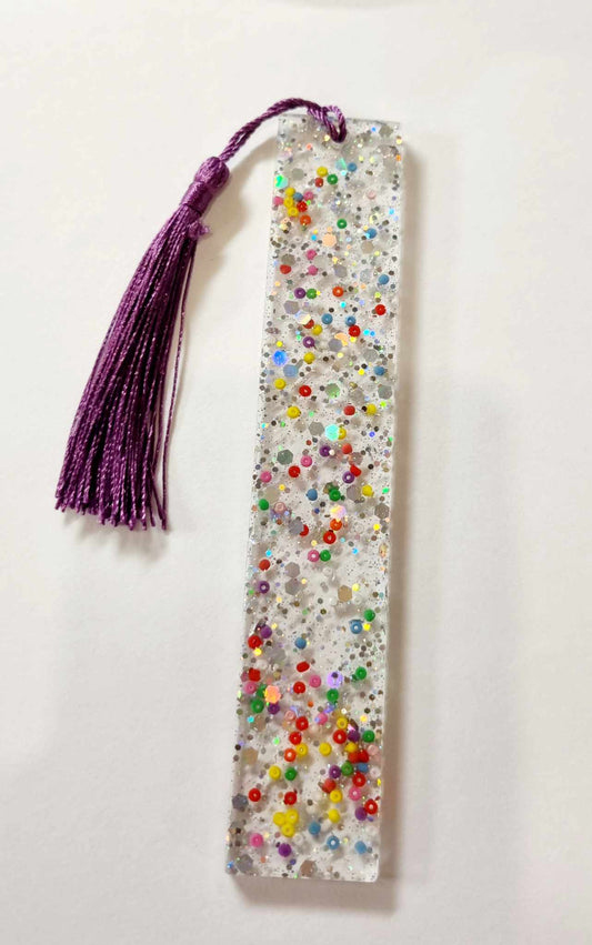 Glitter and Multicolour Beads Resin Bookmark with Purple Tassel