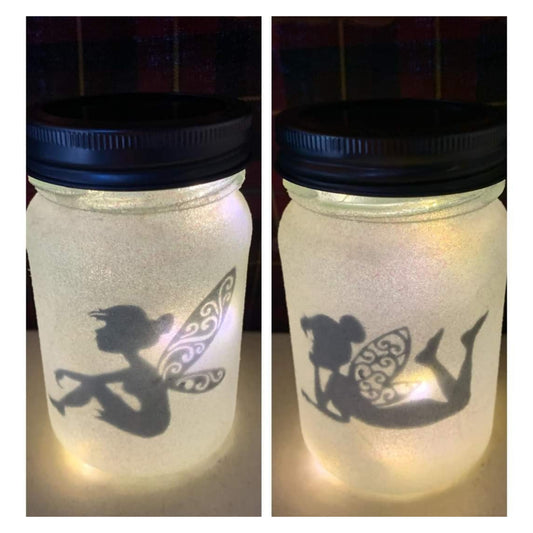 Iridescent White Glitter Fairy Silhouette Solar Jars