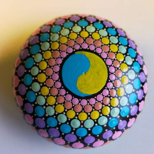 Medium Pastel Rainbow Ying Yang Dot Painted Stone