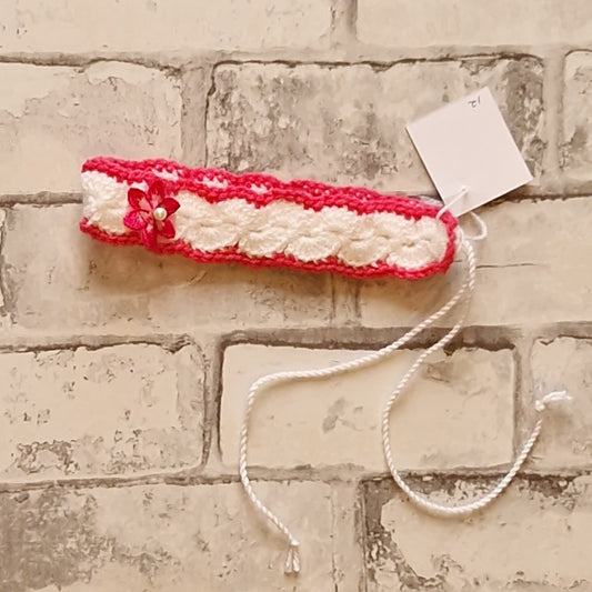 Pink & White Tie Crochet Headband with Flower