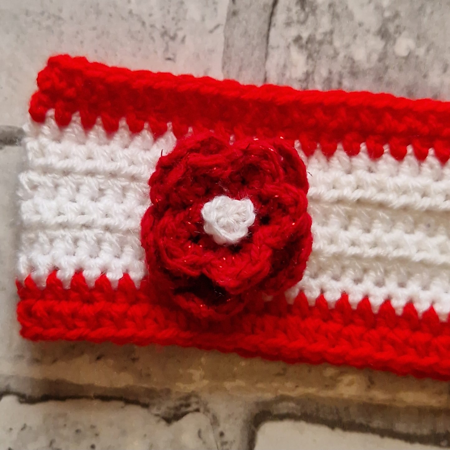 Red & White Tie Crochet Headband with Flower