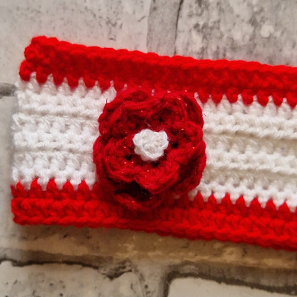 Red & White Tie Crochet Headband with Flower