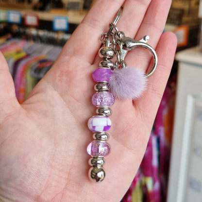 Silver Beaded Keyring With Pom Pom