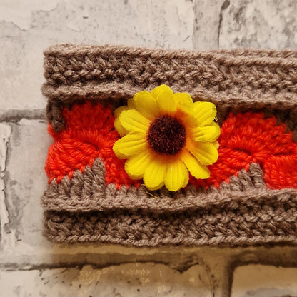 Orange & Brown Tie Crochet Headband with Sunflower