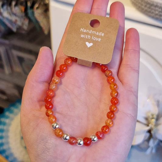 Orange Agate & Silver Bead Handmade Beaded Bracelet