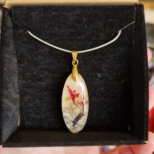 Beachy Narrow Oval Resin Necklace on Silver Plated Chain with Gold