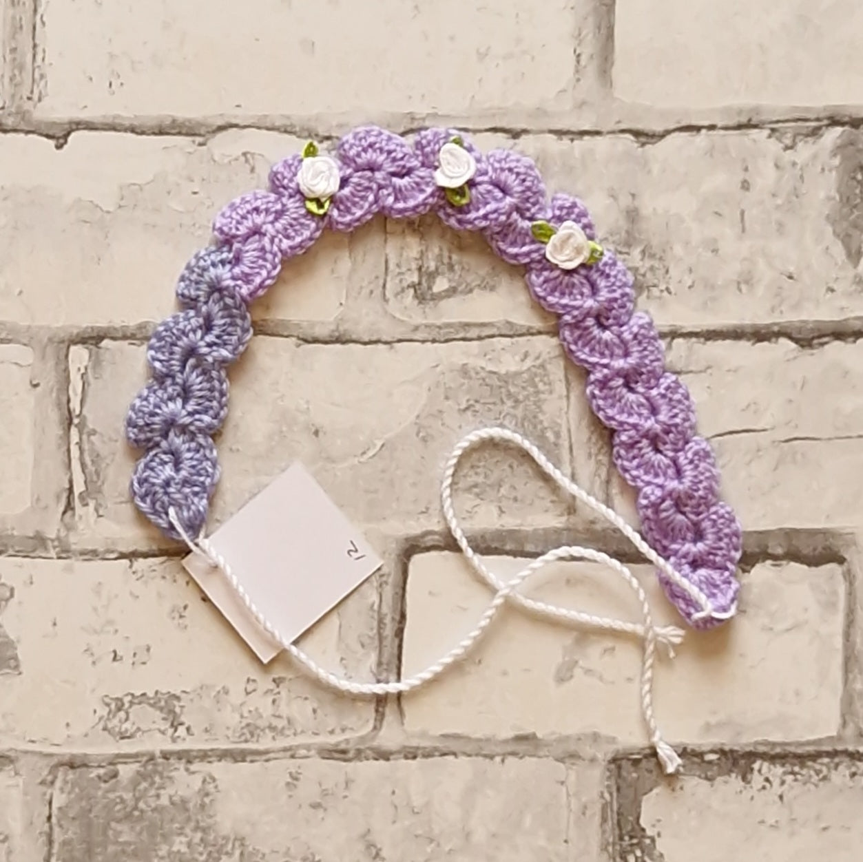 Purple Tie Crochet Headband with White Roses