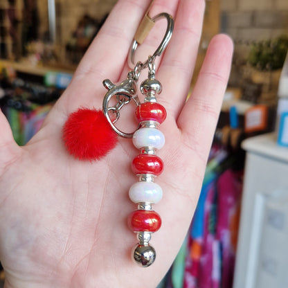 Silver Beaded Keyring With Pom Pom