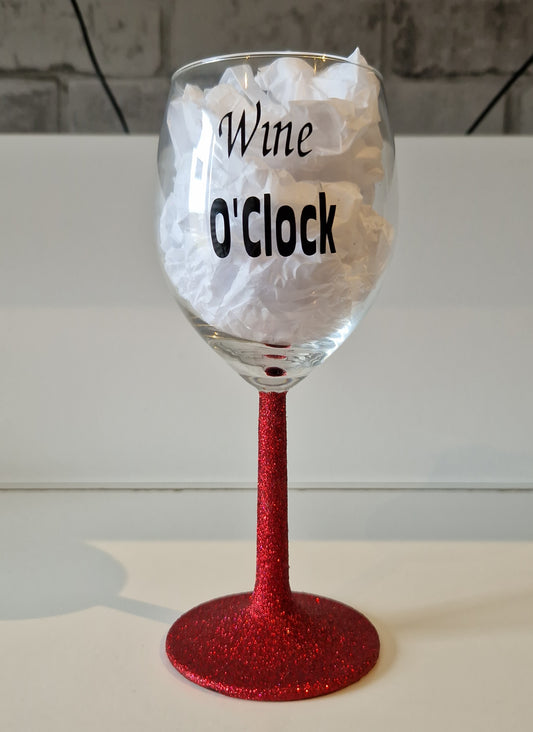 Red Glitter "Wine O'Clock" Slogan Wine Glass