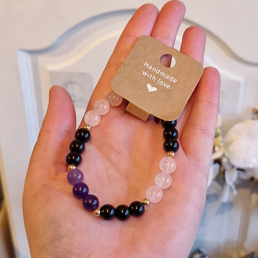 Black Agate, Amethyst & Rose Quartz Handmade Beaded Bracelet