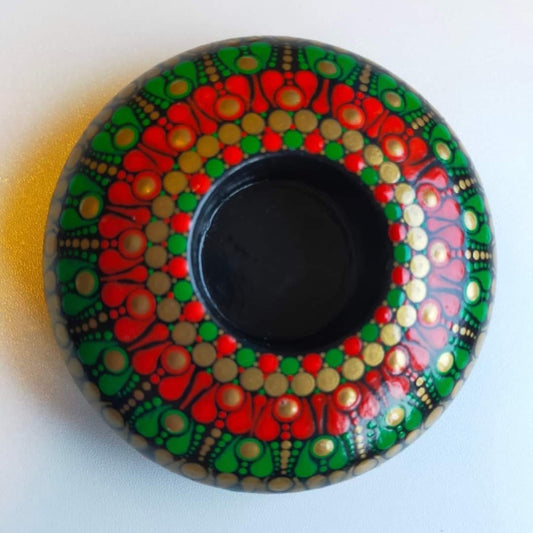 Green, Red & Gold Dot Painted Tealight Holder