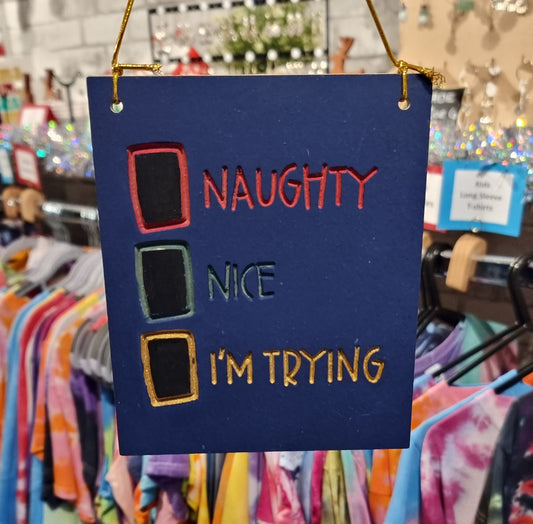 Naughty, Nice, I'm Trying Wooden Rectangle Sign