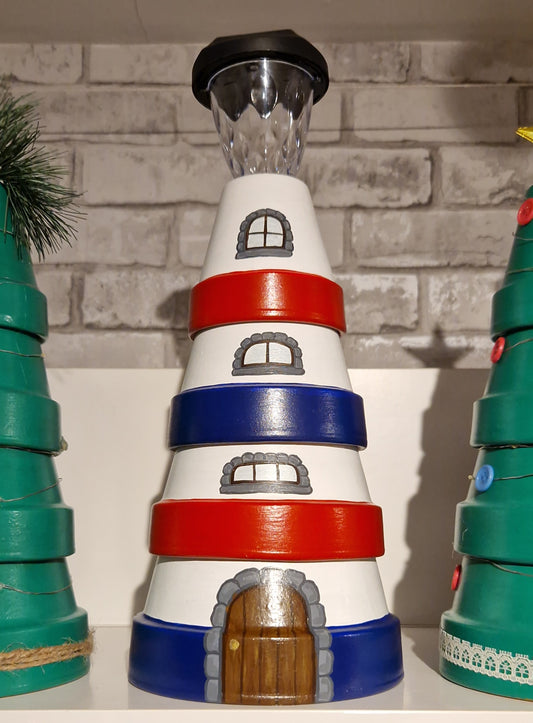 Red & Blue Plant Pot Lighthouse with Solar Light