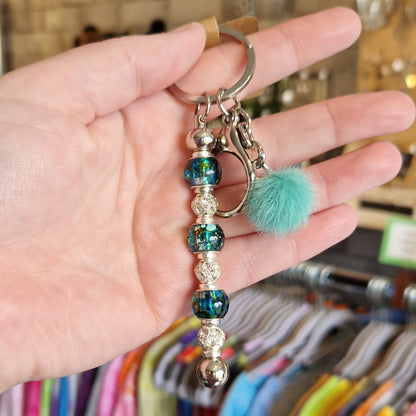 Silver Beaded Keyring With Pom Pom