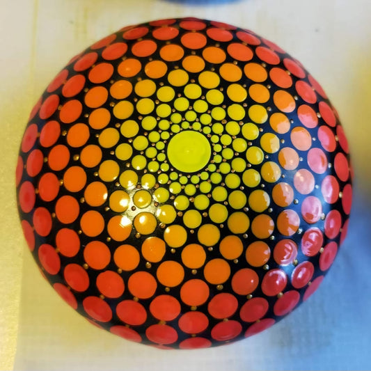 Medium Yellow, Orange & Red Dot Painted Stone