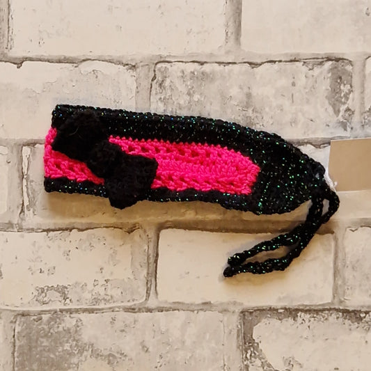 Bright Pink & Black Tie Crochet Headband with Bow