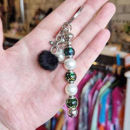 Silver Beaded Keyring With Pom Pom