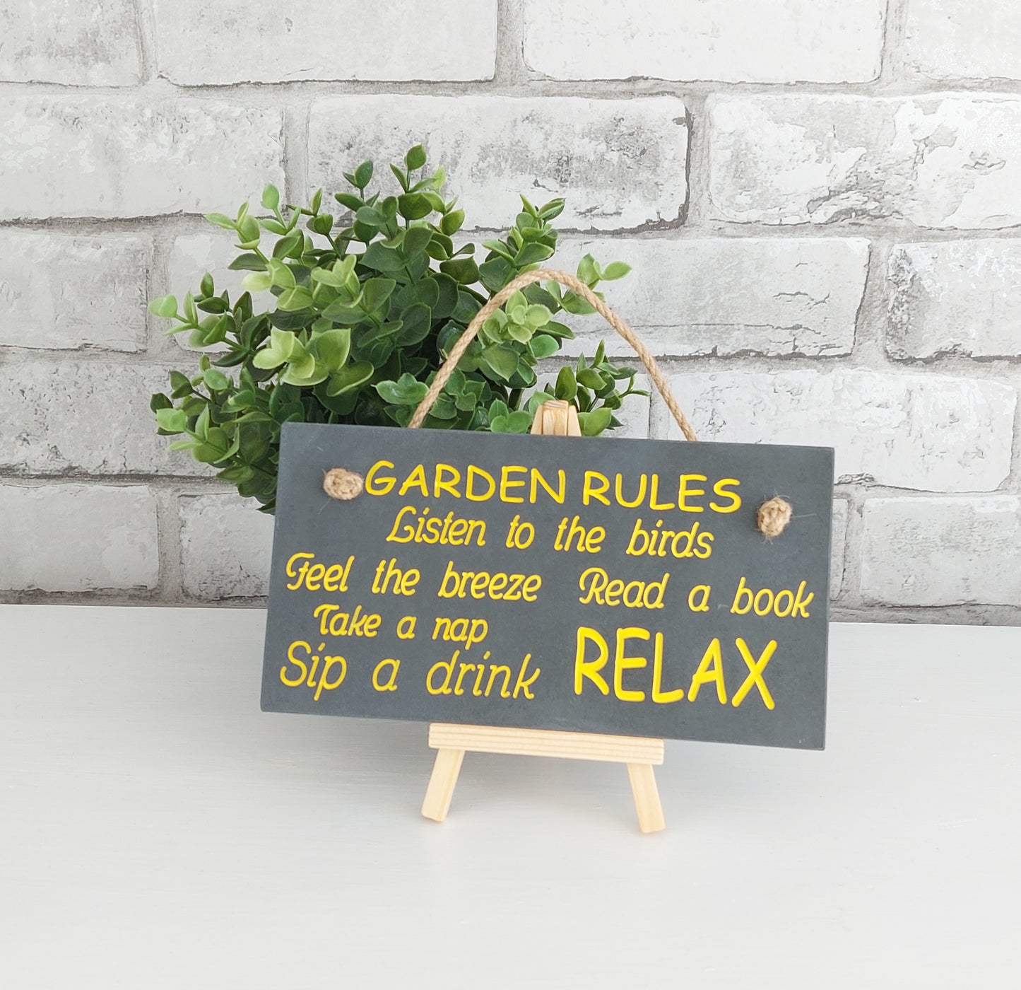 Slate Hanging Sign - Garden Rules (Yellow)