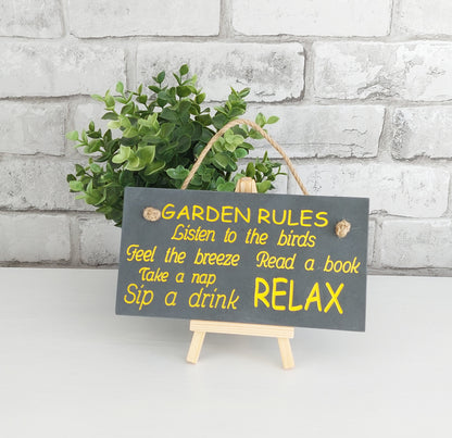 Slate Hanging Sign - Garden Rules (Yellow)