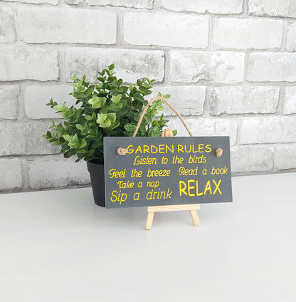 Slate Hanging Sign - Garden Rules (Yellow)